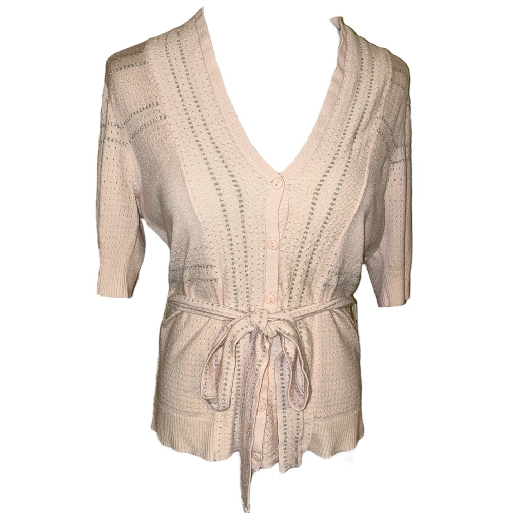 dolce cabo baby pink short sleeve button+tie up metallic blouse women’s medium